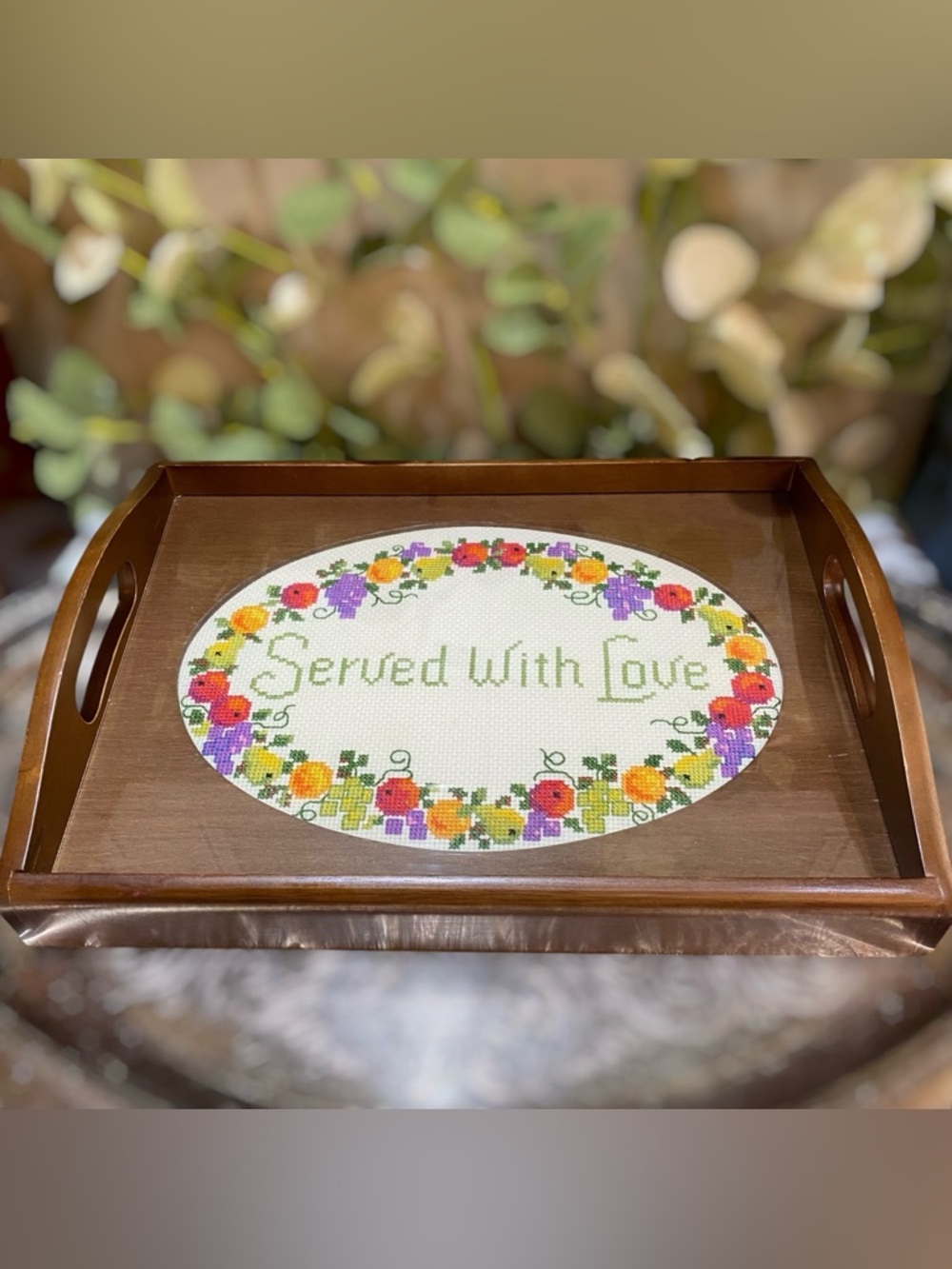 Vintage Needlepoint Under Glass Wood Tray with Handles Home Decor Serving